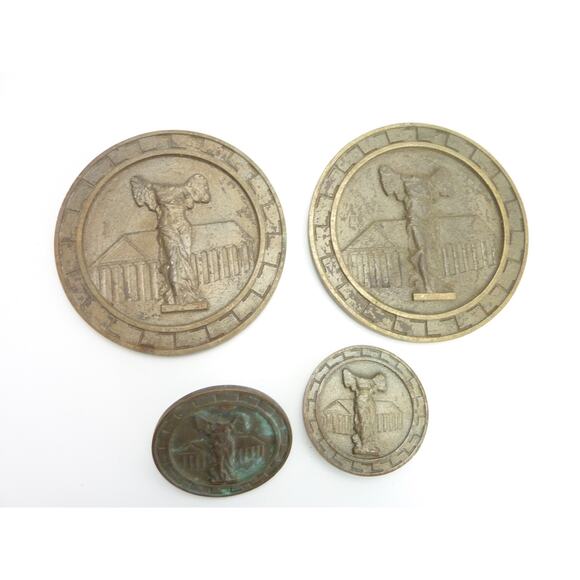 Vintage Set of Brass Metal Round Medallions/ Plaques Emblems Winged Goddess - Picture 1 of 9